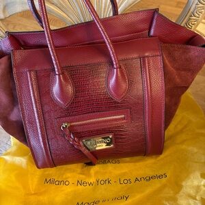 Authentic Mario VALENTINO Milano Cynthia Red Leather Suede Trapeze Tote Bag 🎁